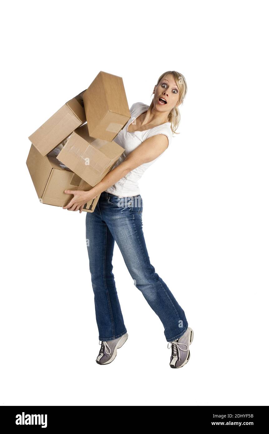 Blonde Frau mit Umzugkartons, Transport, Model Release, 30, 35, Jahre, Stock Photo