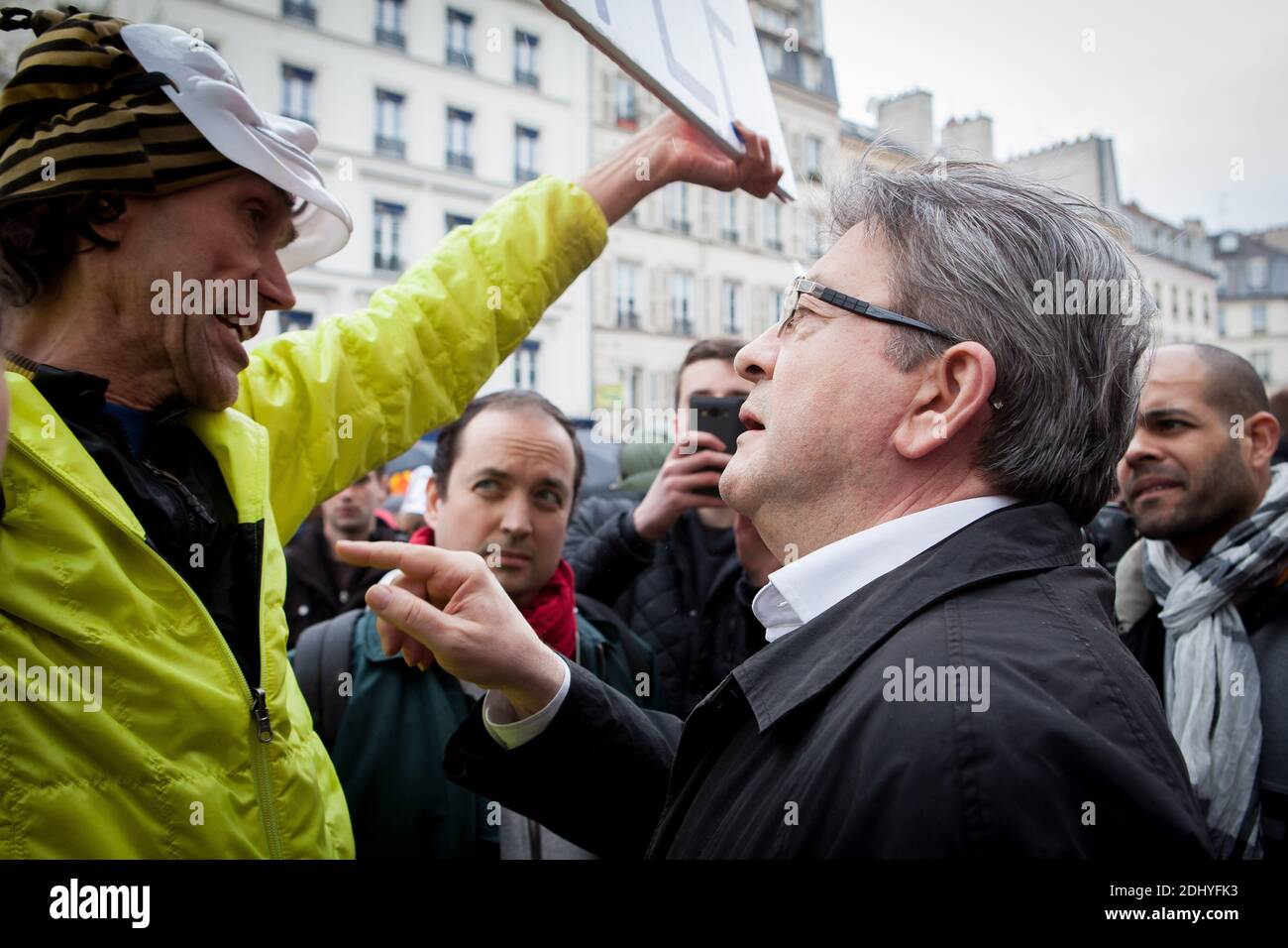 Jean-Luc Melenchon with Jean-Baptiste Redde aka Voltuan demonstrate in  Paris, France on April 9, 2016 to protest the government's planned deeply  unpopular labour reforms. France faced a wave of protests today against