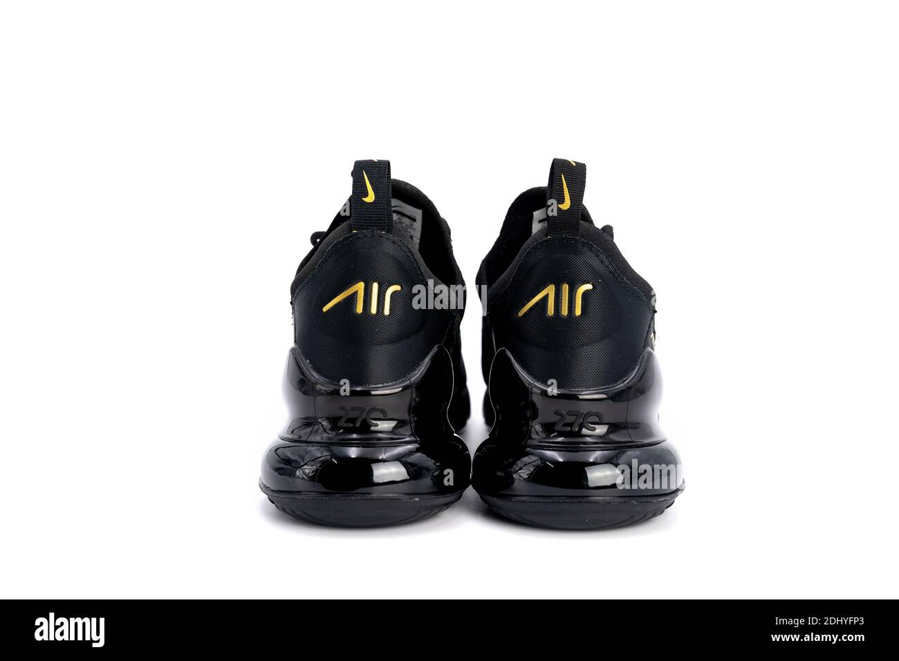 Bangkok, Thailand - 23 Mar 2020, Nike air max 270 black and gold adult's  sport shoes, sneakers, trainers detailed close up shot on studio light  white Stock Photo - Alamy