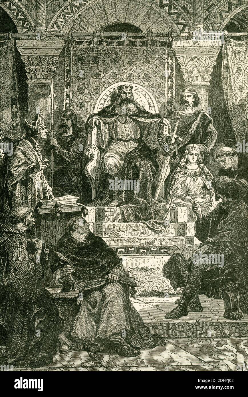 Charlemagne, or Charles the Great, was the emperor of the West  (800–814) and the king of the Franks (768–814). A.D. 800, he restored Leo III to the papal seat and was crowned emperor by Leo on Christmas Day. Here we see him in council. Stock Photo