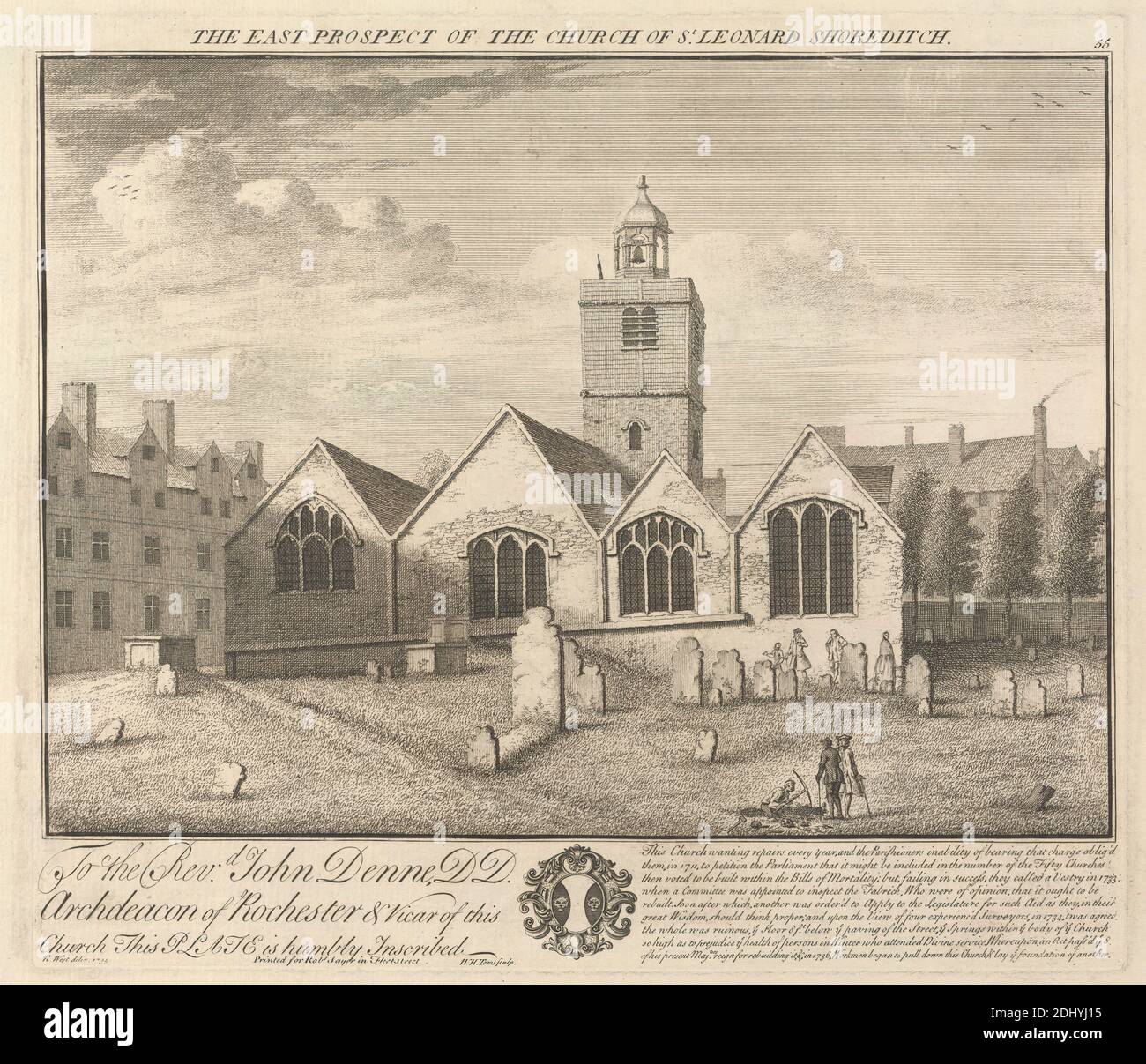 The East Prospect of the Church of St. Leonard, Shoreditch, William Henry Toms, ca. 1700–ca. 1750, British, after Robert West, Active 1744–1770, Irish, 1735, Engraving, Sheet: 10 3/8 x 11 7/8in. (26.4 x 30.2cm Stock Photo