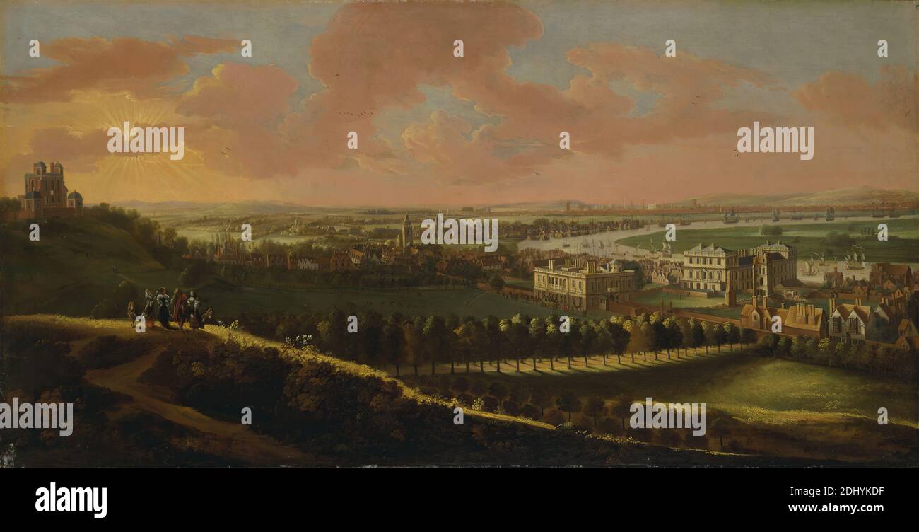Greenwich, with London in the distance, Jan Vorsterman, ca. 1643–after 1685, Dutch, formerly unknown artist, seventeenth century, ca. 1680, Oil on canvas, Support (PTG): 29 1/2 x 57 1/2 inches (74.9 x 146.1 cm), boats, buildings, children, cityscape, estates, hills, houses, landscape, mansions, men, park (grounds), path, people, river, road, towers, trees, Deptford Dockyard, Dogs, Isle of, England, Europe, Greater London, Greenwich, Greenwich Hospital, Greenwich Park, Queen's House, Royal Greenwich Observatory, Royal Naval College, Thames, United Kingdom Stock Photo