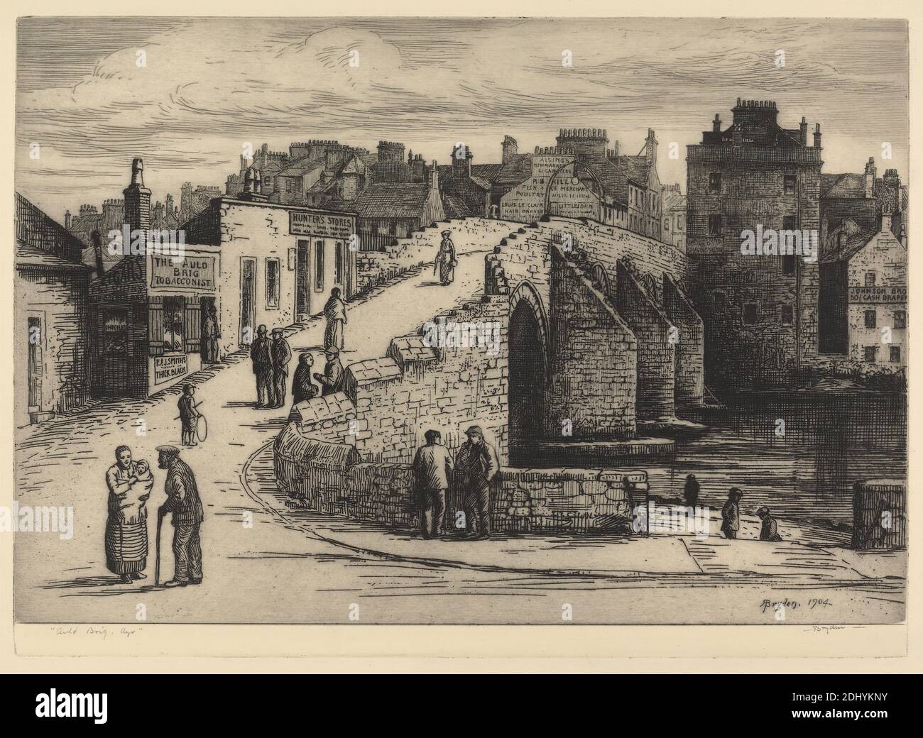 Auld Brig, Ayr, Print made by Robert Bryden, 1865–1939, British, 1904, Etching and drypoint on moderately thick, slightly textured, cream laid paper, Plate: 9 15/16 x 13 7/8 inches (25.3 x 35.3 cm), Sheet: 12 3/4 x 16 1/8 inches (32.4 x 41 cm), and Image: 9 7/16 x 13 7/8 inches (24 x 35.3 cm), arches, architectural subject, boys, bridge (built work), buildings, caps (headgear), children, cityscape, coats, genre subject, hats, infant, men, mother, parasol, river, road, staff (walking stick), stores, street, talking, town, toys (recreational artifacts), trousers, village, walking, wall, women Stock Photo