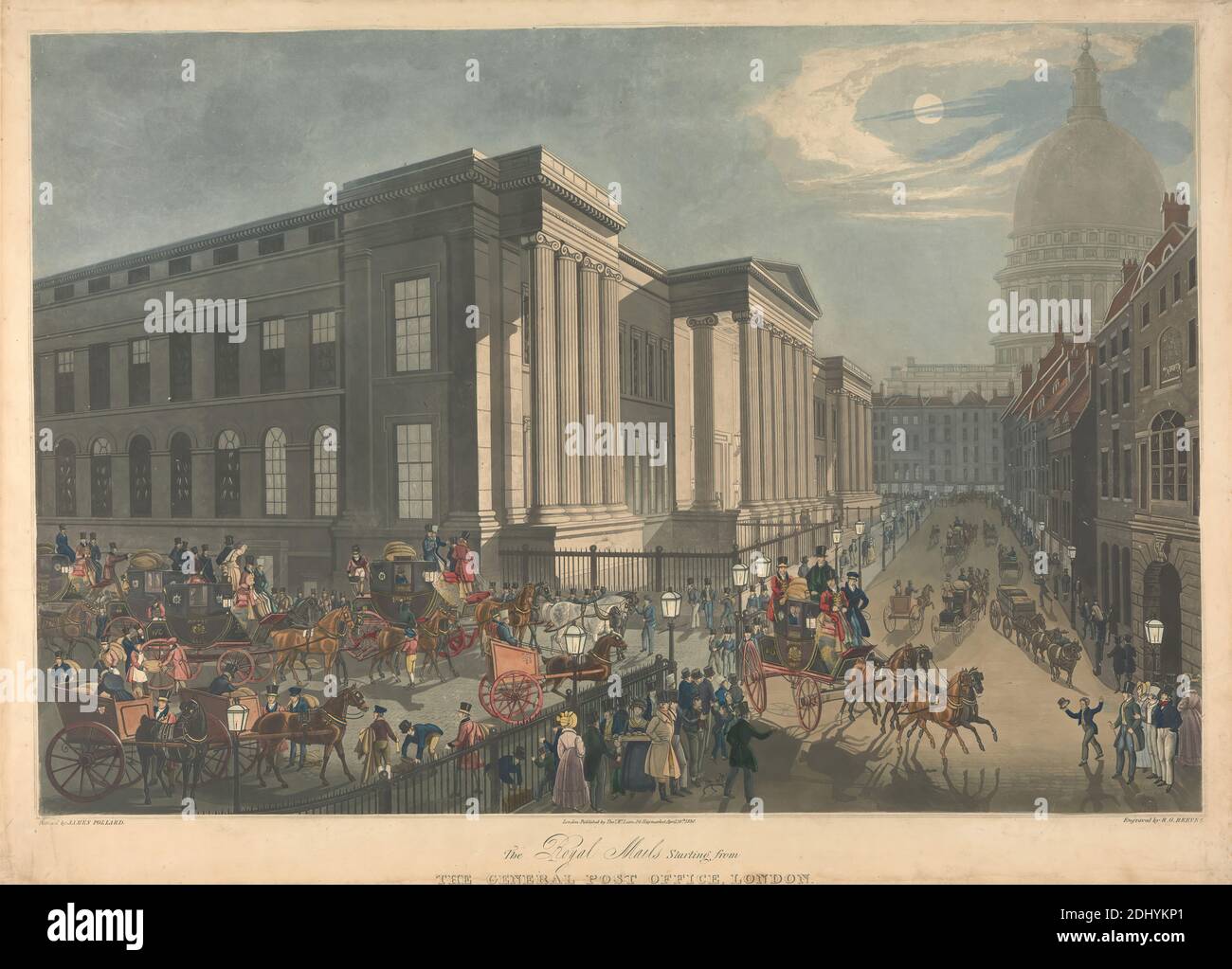 The Royal Mails starting from the General Post Office, London, Richard Gilson Reeve, 1803–1889, after James Pollard, 1792–1867, British, 1830, Aquatint, hand-colored Stock Photo
