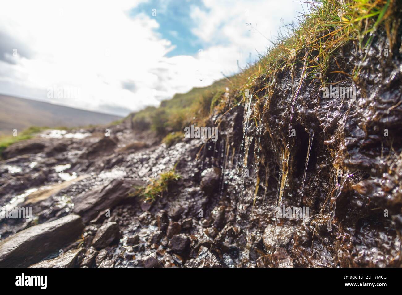 Detail of muddy hiking path with droping water at scottish isle of skye Stock Photo