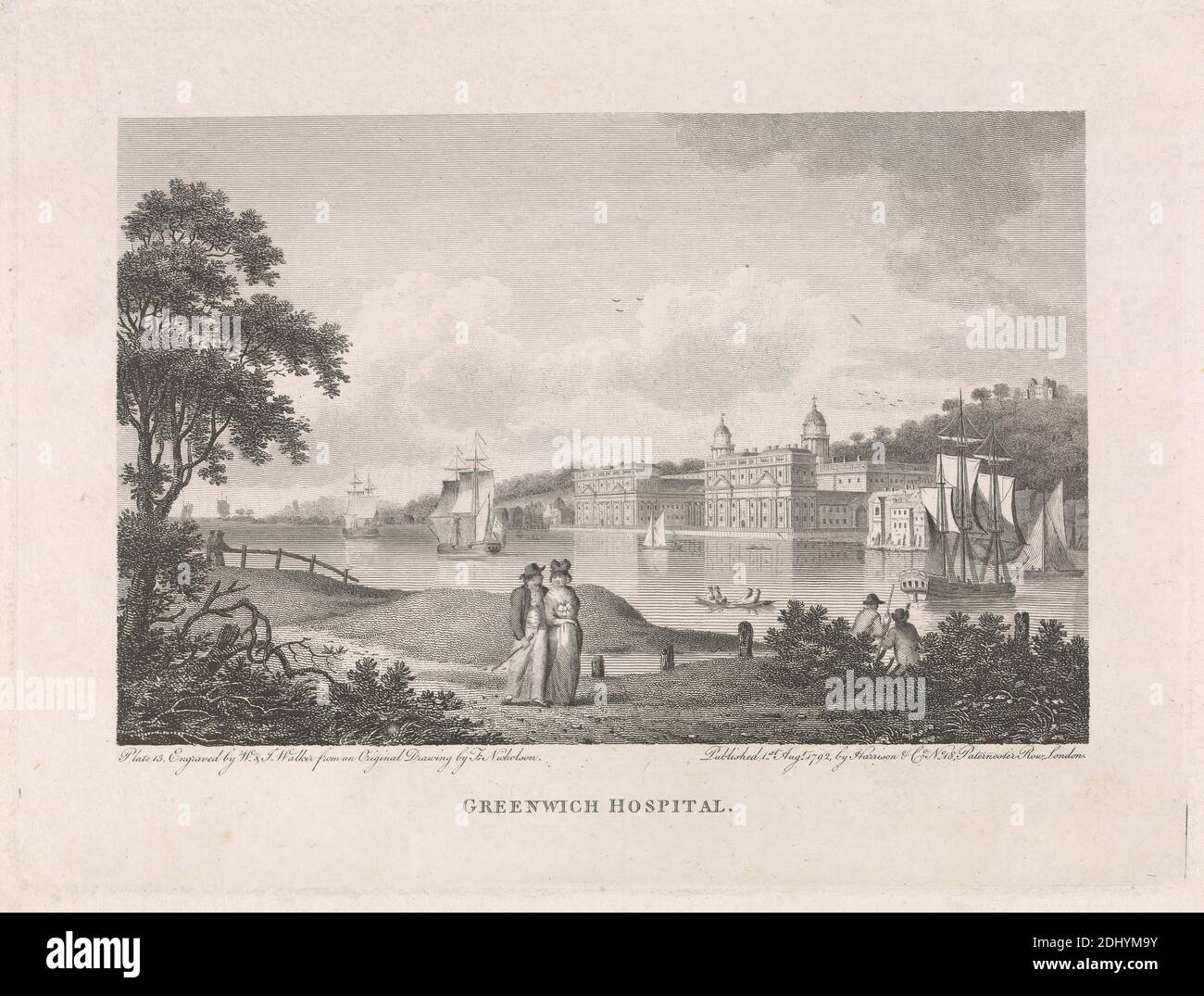 Greenwich Hospital, William Walker, 1791–1867, British, and James Walker, 1748–1808, British, after Francis Nicholson, 1753–1844, British, 1792, Engraving Stock Photo