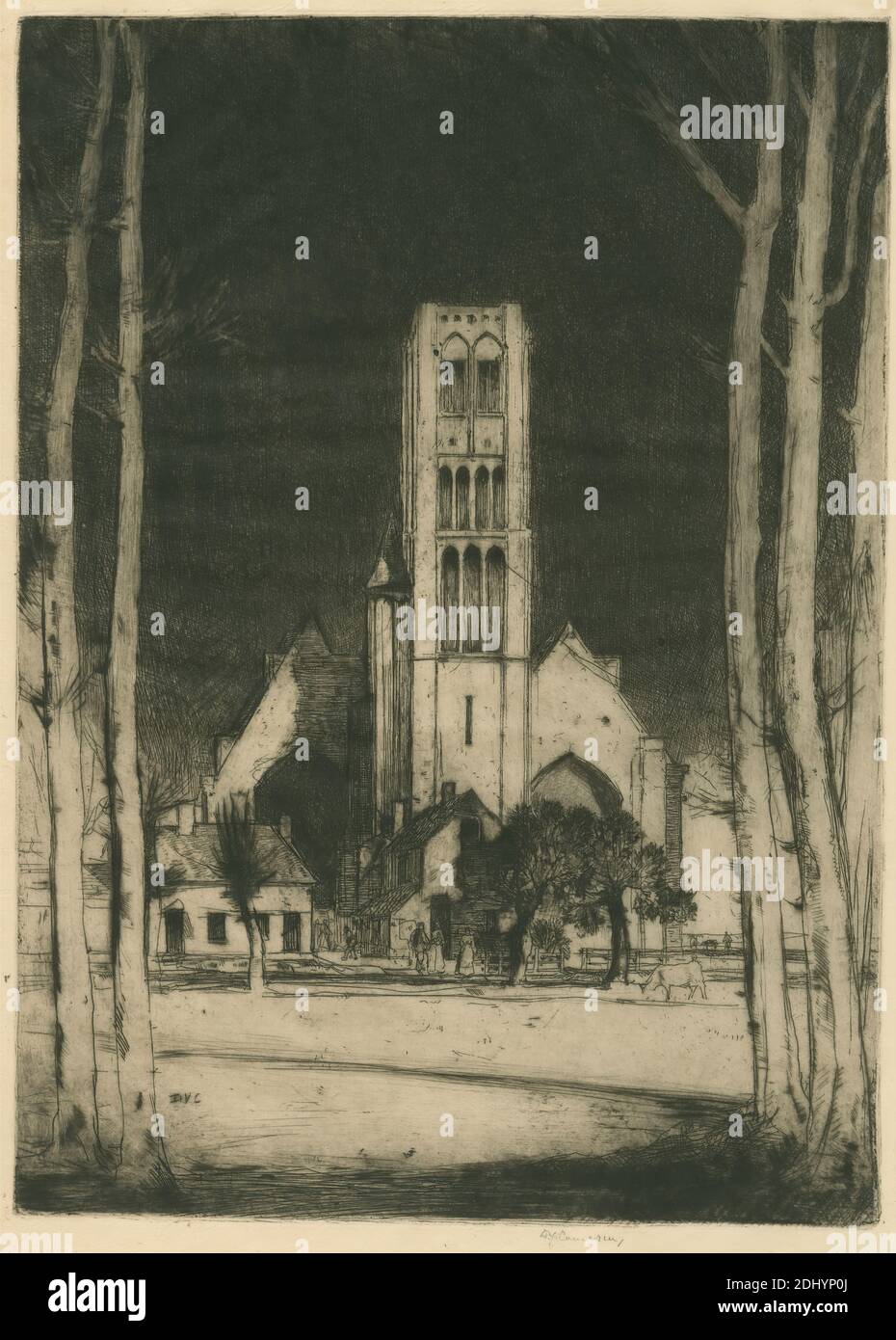 Belgian Set: Damme No. 5, Sir David Young Cameron, 1865–1945, British, 1907, Etching and drypoint, arches, buildings, chimneys (architectural elements), church, church tower, cow, fences, gables, man, shadows, trees, trunks, turret, windows, women, Belgium, Church of our Lady, Damme, Europe, Flanders, West Flanders Stock Photo