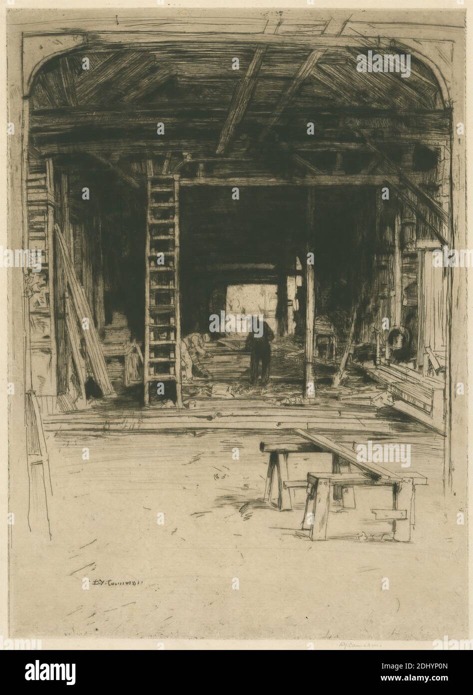 Robert Lee's Workshop, Sir David Young Cameron, 1865–1945, British, 1905, Etching and drypoint, architectural subject, beams, boat, boatbuilding, genre subject, ladder, lumber, men, posts, rafters, sawhorses, shadows, woodshop, woodworkers, workshop buildings, England, Northumberland, Tweedmouth, United Kingdom Stock Photo