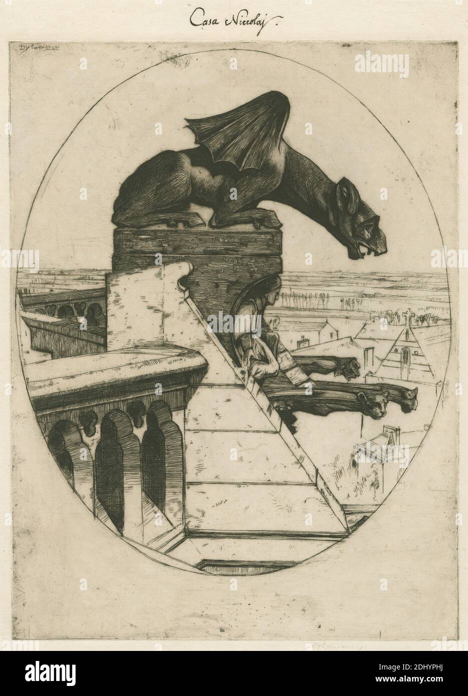 The Chimera of Amiens, Sir David Young Cameron, 1865–1945, British, 1910, Etching and drypoint, architectural subject, balusters, bird's-eye view, buildings, buttress, cathedral, chimneys (architectural elements), church, cross (object), gables (architectural elements), gargoyles, king (person), musician, parapet, railings, roofs, rooftop, statues, trefoils, Amiens, Cathedral Basilica of Our Lady of Amiens, Europe, France, Picardie, Somme Stock Photo