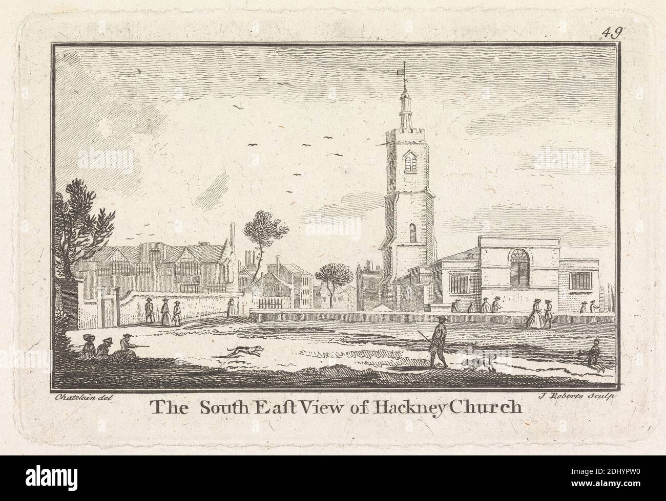 The South East View of Hackney Church, James Roberts the Elder, 1725–1799, British, after Jean B. C. Chatelain, 1710–1771, French, 1750, Engraving Stock Photo
