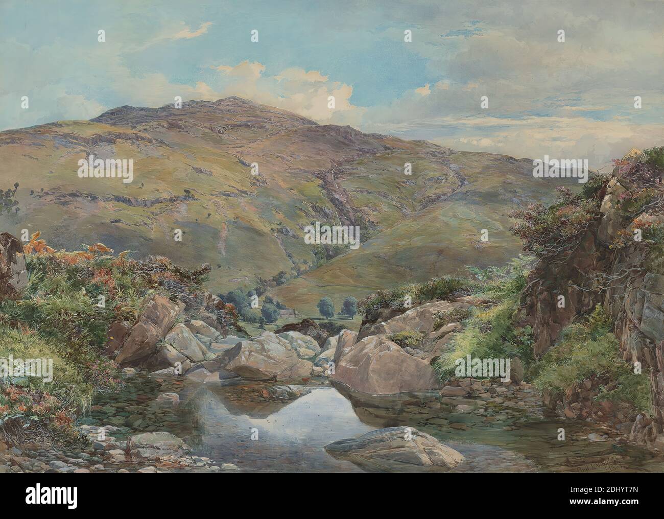 Head of Loch Lomond, with Ben Lomond in the Distance, Paul Jacob Naftel, 1817–1891, British, 1859, Watercolor and gouache on moderately textured, cream wove paper, Sheet: 25 × 31 1/2 inches (63.5 × 80 cm) and Frame: 28 1/2 x 37 x 2 inches (72.4 x 94 x 5.1 cm), hills, lake, landscape, mountain, plants, rocks (landforms), trees, Europe, Lomond, Ben, Lomond, Loch, Scotland, United Kingdom Stock Photo