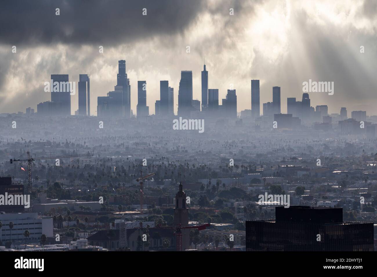 Cloudy morning skyline view of downtown Los Angeles in Southern California. Stock Photo