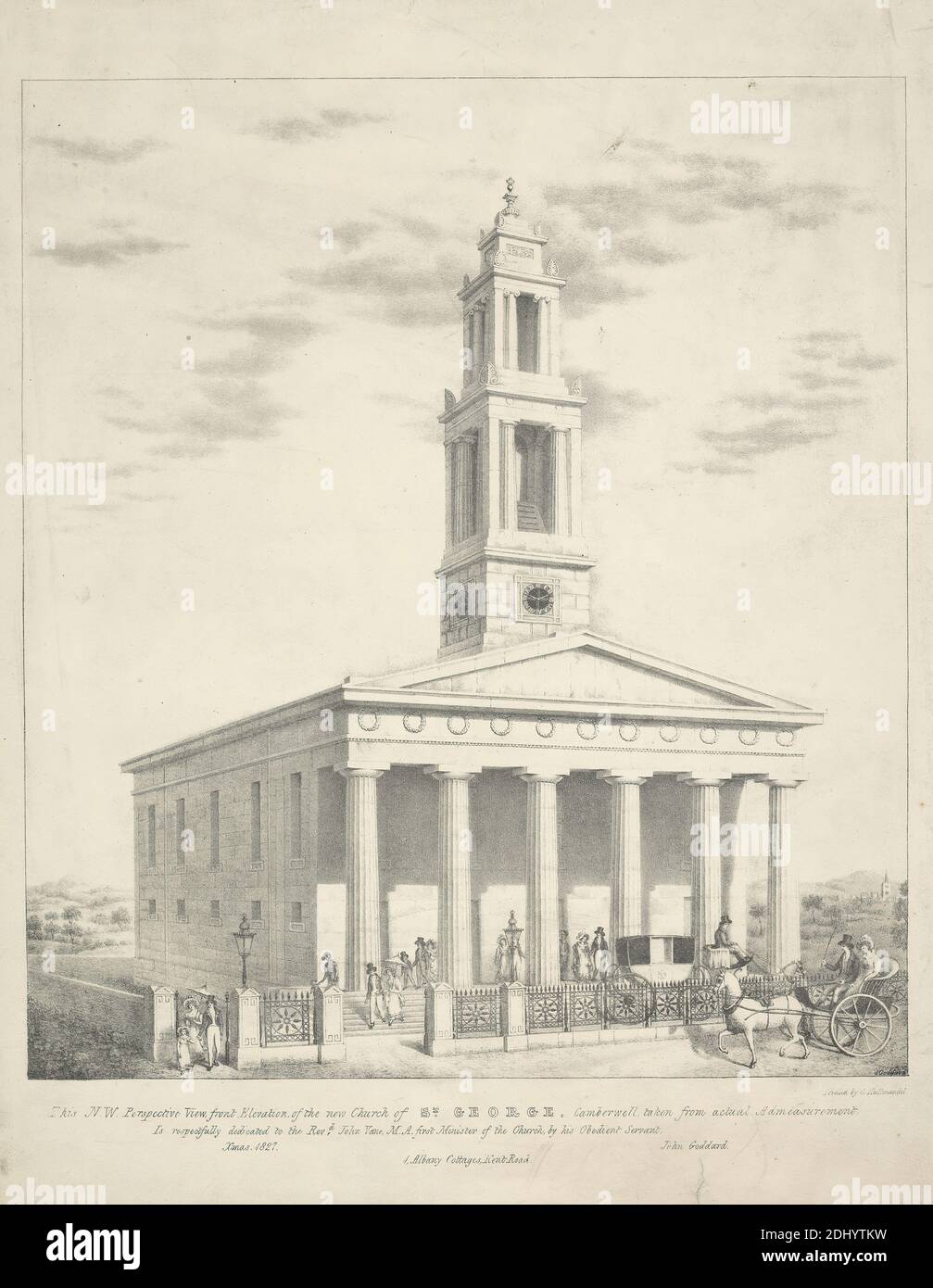 This Northwest Perspective View front Elevation of the New Church of St. George, Camberwell..., John Goddard, active 1811–1842, after John Goddard, active 1811–1842, 1827, Lithograph, Sheet: 16 1/2 x 12 7/8in. (41.9 x 32.7cm Stock Photo