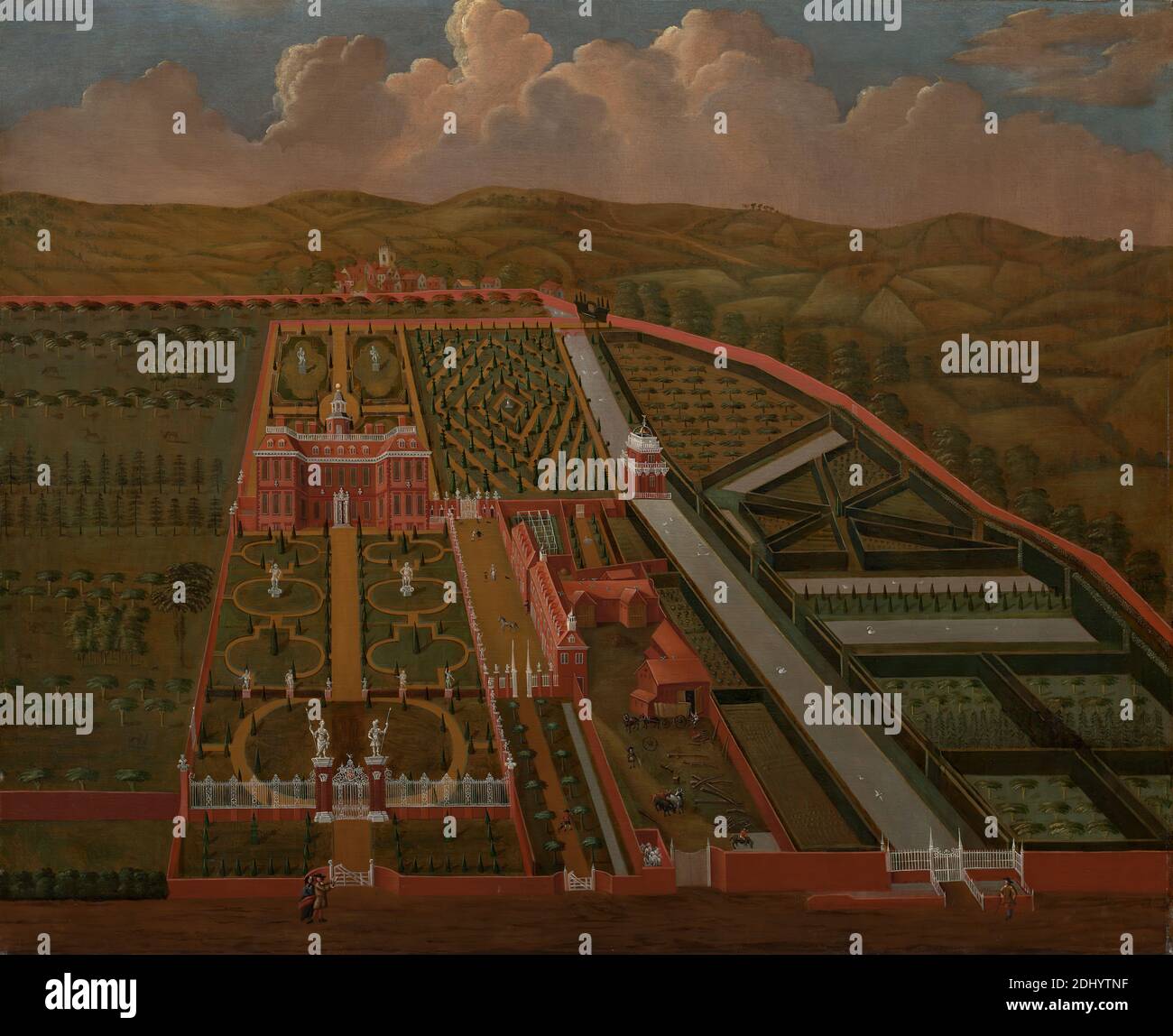 Denham Place, Buckinghamshire, unknown artist, seventeenth century, ca. 1695, Oil on canvas, Support (PTG): 40 x 49 3/4 inches (101.6 x 126.4 cm), architectural subject, architecture, bird's-eye view, canals, country house, fences, gardens, gates, hills, horses (animals), house, landscape, mansion, path, pavilion (building division), people, road, sculptures, statues, topiary, trees, trellis-work, walls, Buckinghamshire, Denham, England, Misbourne, United Kingdom Stock Photo