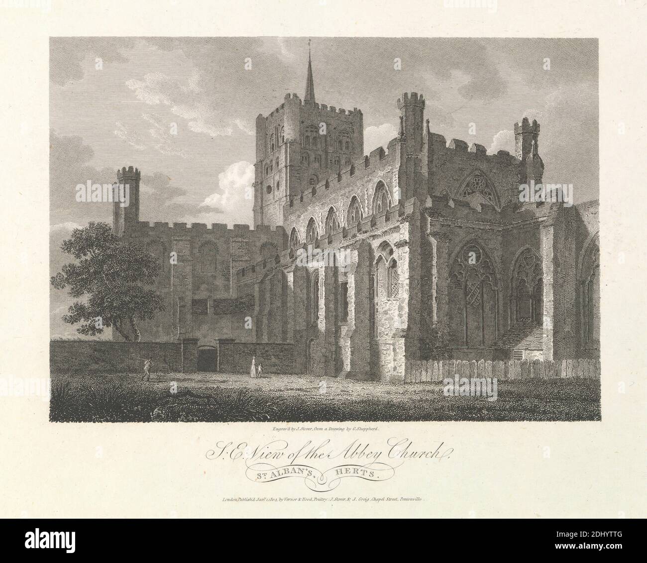 South East View of the Abbey Church, St. Albans, Hertsfordshire, Outer Suburb - North, James S. Storer, 1771–1853, British, after George Shepherd, active 1782–1830, 1804, Engraving Stock Photo