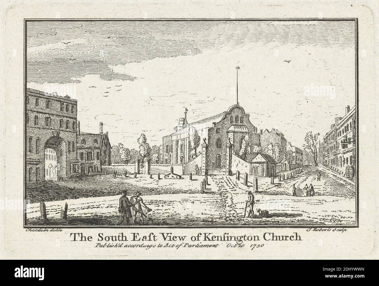 The South East View of Kensington Church, James Roberts the Elder, 1725–1799, British, after Jean B. C. Chatelain, 1710–1771, French, 1750, Engraving Stock Photo