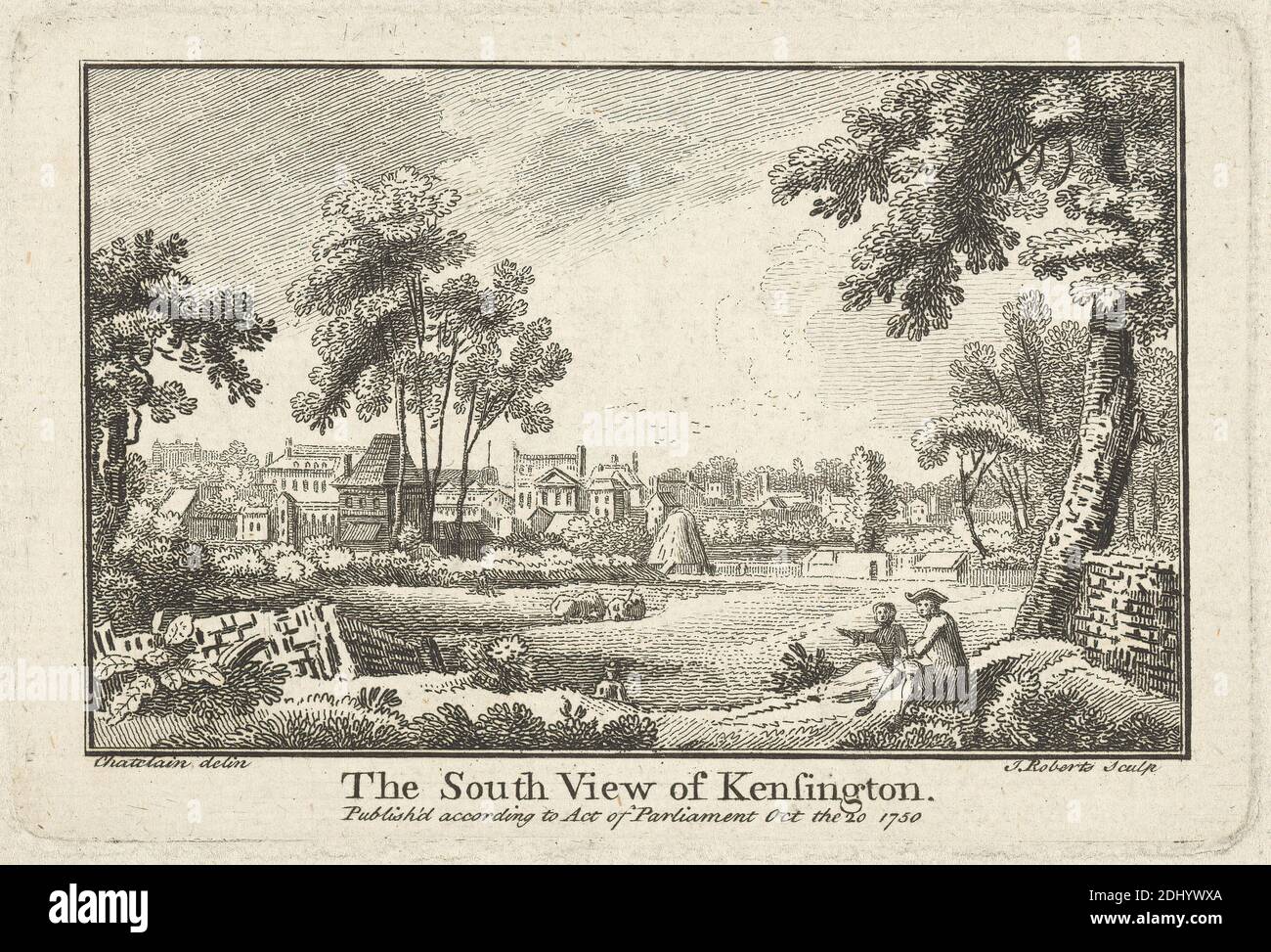 The South View of Kensington, James Roberts the Elder, 1725–1799, British, after Jean B. C. Chatelain, 1710–1771, French, 1750, Engraving Stock Photo