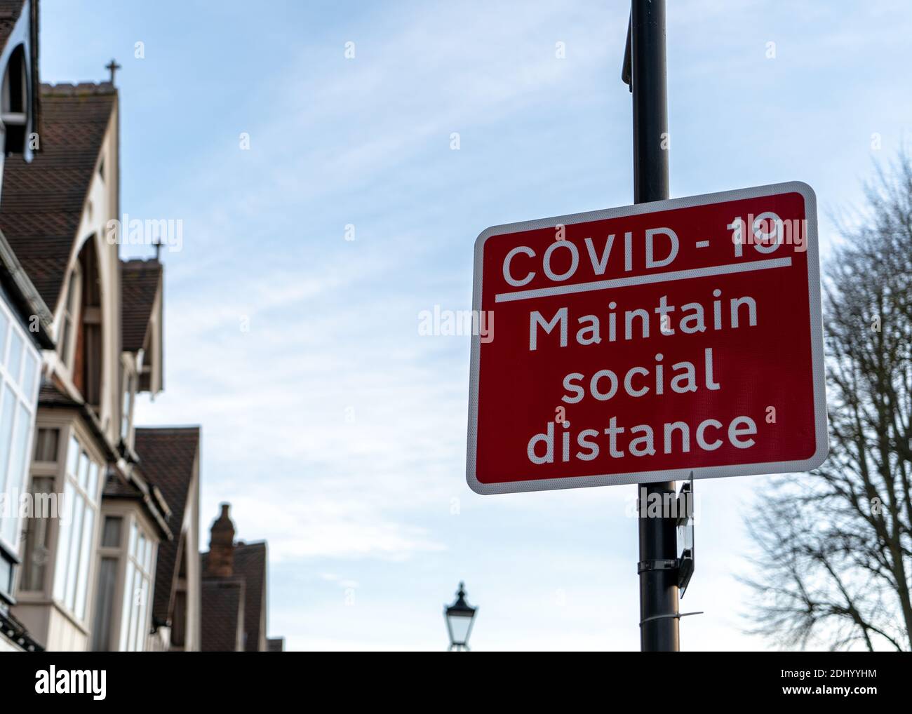 Solihull, United Kingdom - December 2020: Covid-19 Maintain Social Distance sign Stock Photo