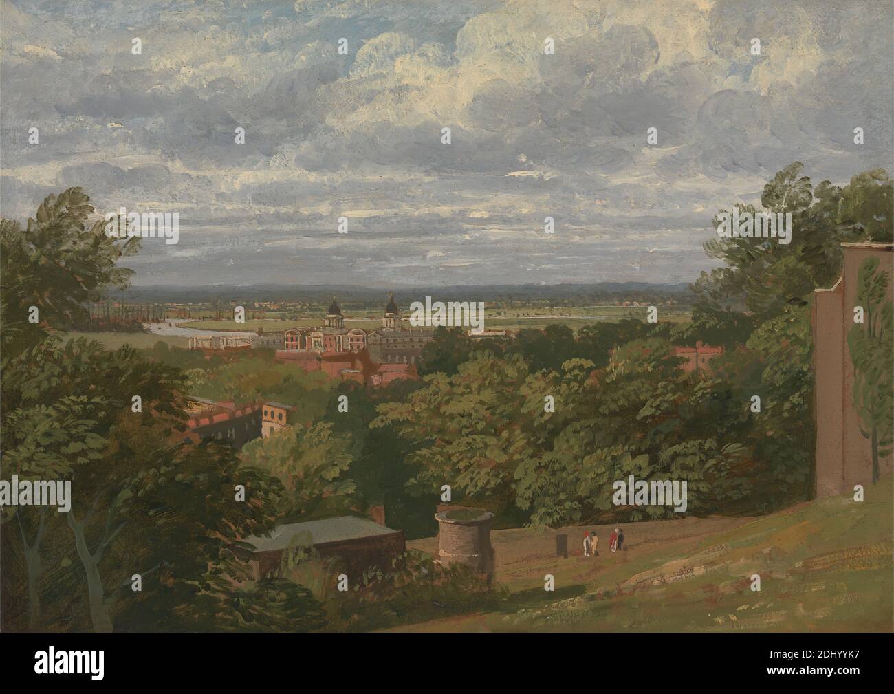 Greenwich Hospital from the Observatory with a Distant View of London, Thomas Hofland, 1777–1843, British, 1824, Oil on paper laid to panel, Support (PTG): 9 7/16 x 13 3/16 inches (24 x 33.5 cm), buildings, city, clouds, domes, hills, hospital, landscape, observatory, river, science, town, trees, walking, Dogs, Isle of, England, Europe, Greater London, Greenwich, Greenwich Hospital, Greenwich Park, London, Queen's House, Royal Greenwich Observatory, Royal Naval College, Thames, United Kingdom Stock Photo