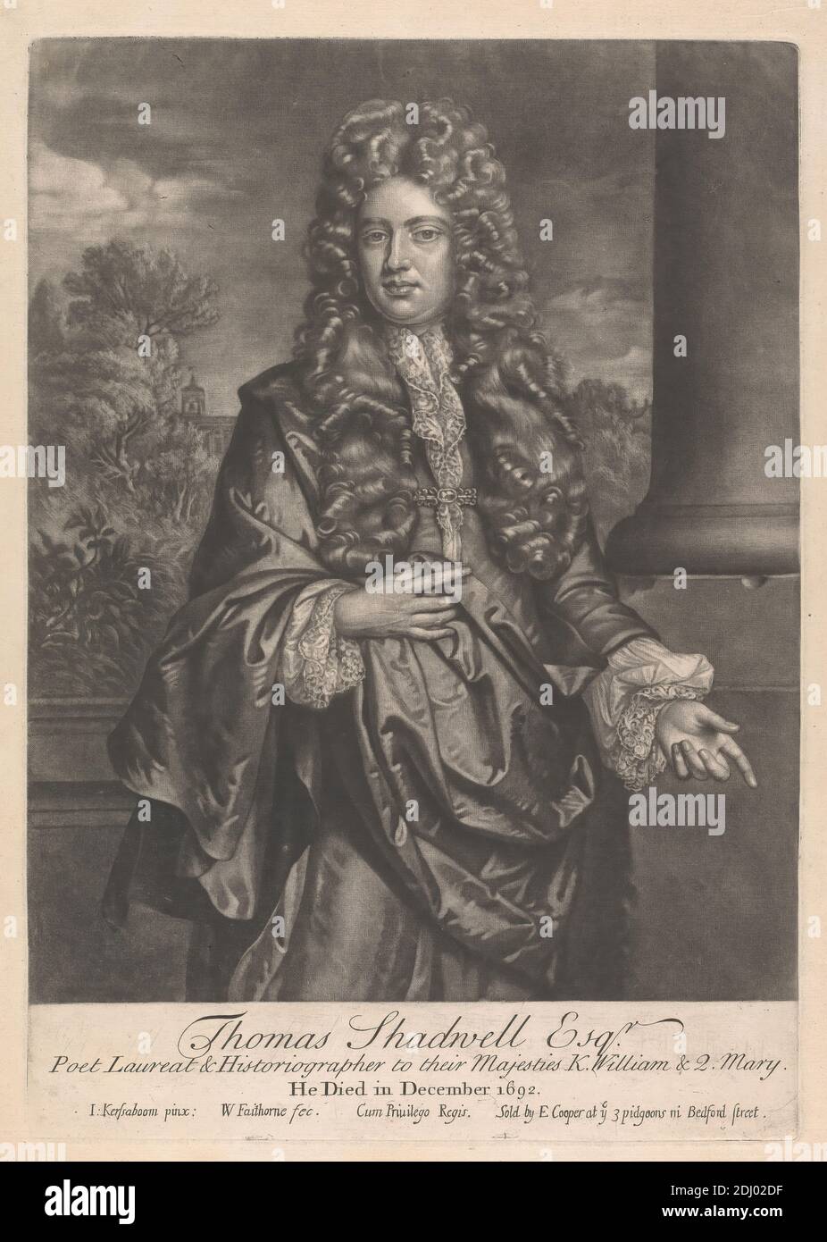 Thomas Shadwell, Esquire, Poet Laureat & Historiographer, Print made by William Faithorne, 1656–ca. 1701, British, after John Kerseboom, op.1680 –m. 1708, German, Published by Edward Cooper, active 1682 –died 1725, British, between 1690 and 1703, Mezzotint on moderately thick, slightly textured, beige laid paper, Sheet: 15 13/16 x 11 1/8 inches (40.1 x 28.2 cm), Plate: 13 7/8 x 9 3/4 inches (35.2 x 24.7 cm), and Image: 12 1/16 x 9 3/4 inches (30.7 x 24.7 cm), broche, building, clouds, columns, cravat, cuffs, curls, gesturing, historian, lace, man, nobleman, pin, playwright, poet, pointing Stock Photo