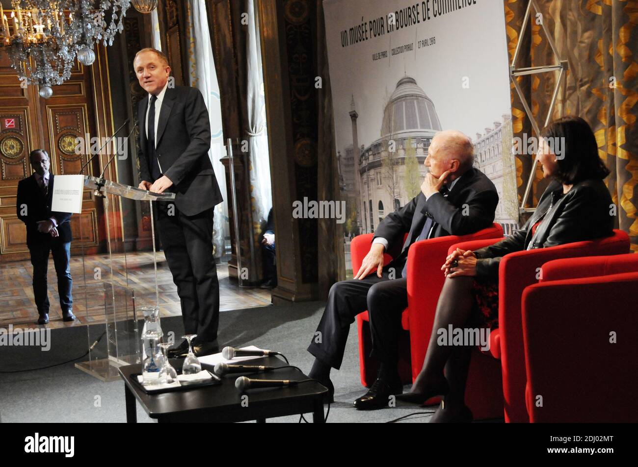 Francois-Henri Pinault, head of French luxury group Kering, speaks at a press conference with his father Francois Pinault and Paris mayor to announce an art museum project within the Bourse du Commerce building in central Paris which will house Pinault's private art collection, on April 27, 2016, in Paris, France.One of the world's biggest private art collections is to be housed in a new Paris museum within a stone's throw of the Louvre, the French billionaire said on April 27. Francois Pinault, the luxury goods mogul who also owns the auction house Christie's, is taking over the Bourse de Com Stock Photo