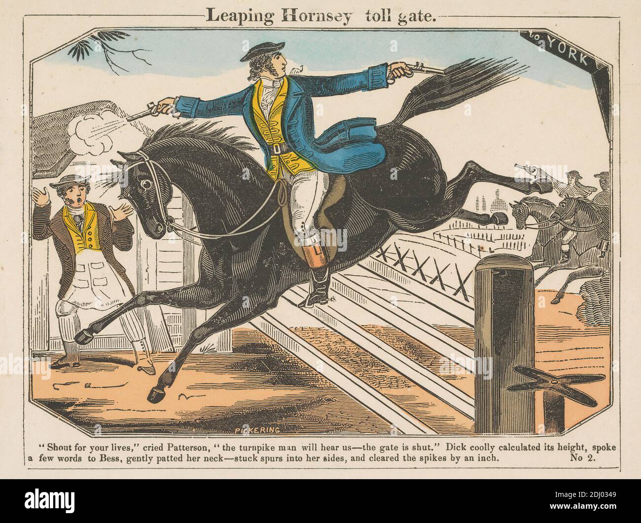 Leaping Hornsey Tollgate, George Pickering, c.1794–1857, British, unknown artist, undated, Hand colored woodcut Stock Photo