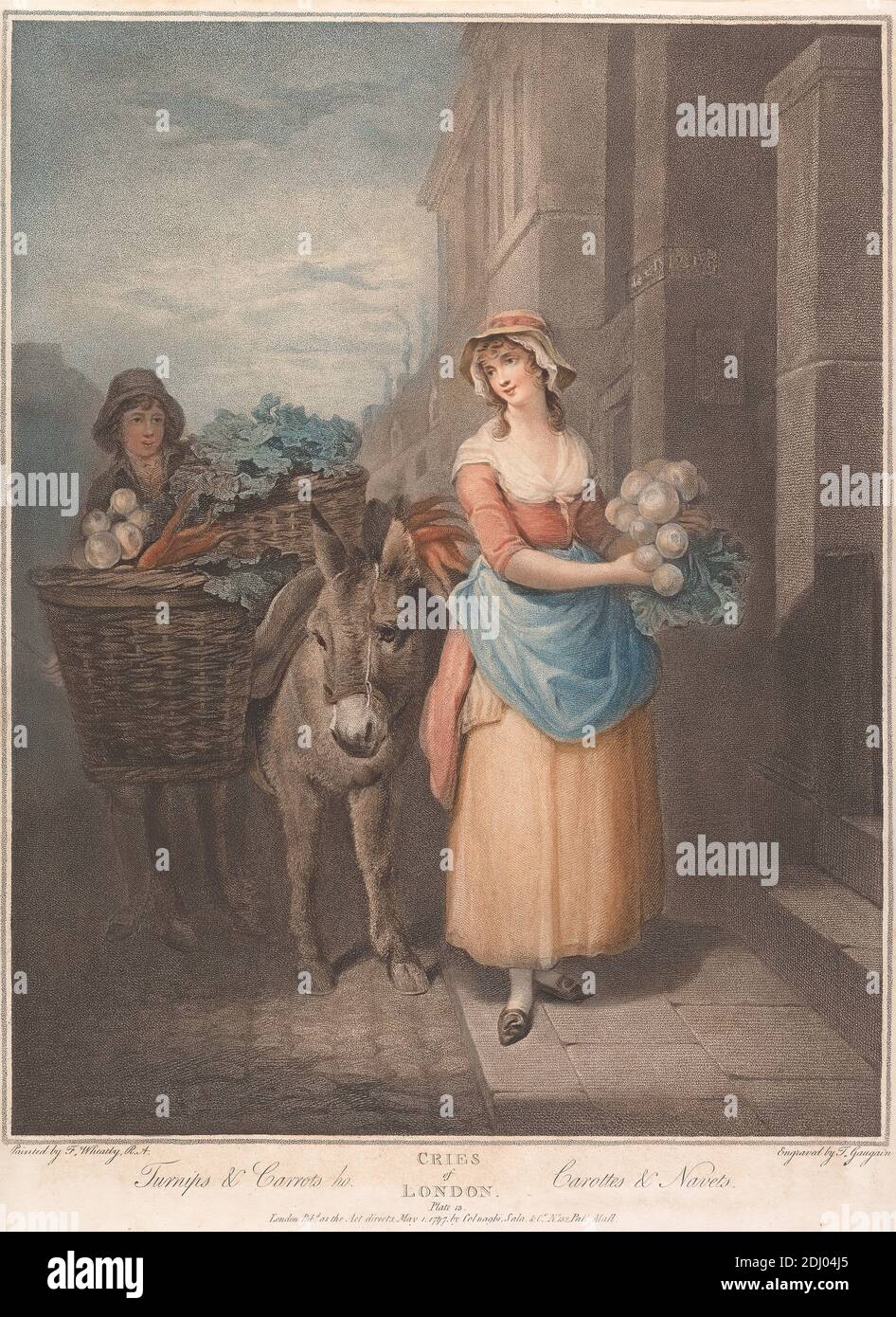 Cries of London, Turnips and Carrots, Thomas Gaugain, 1748–1812, French, after Francis Wheatley, 1747–1801, British, Published by Colnaghi, established 1760, active ca. 1785–1911, Italian, active in Britain, 1797, Colored stipple engraving and etching on moderately thick, slightly textured, cream laid paper, Sheet: 15 5/8 x 11 9/16 inches (39.7 x 29.3 cm) and Image: 14 1/4 x 11 1/4 inches (36.2 x 28.5 cm), baskets, bonnet, carrots, cobblestones, donkey, dress, food, genre subject, labor, man, merchant, peasants, selling, steps, street, turnips, vegetables, woman, working, England, Europe Stock Photo