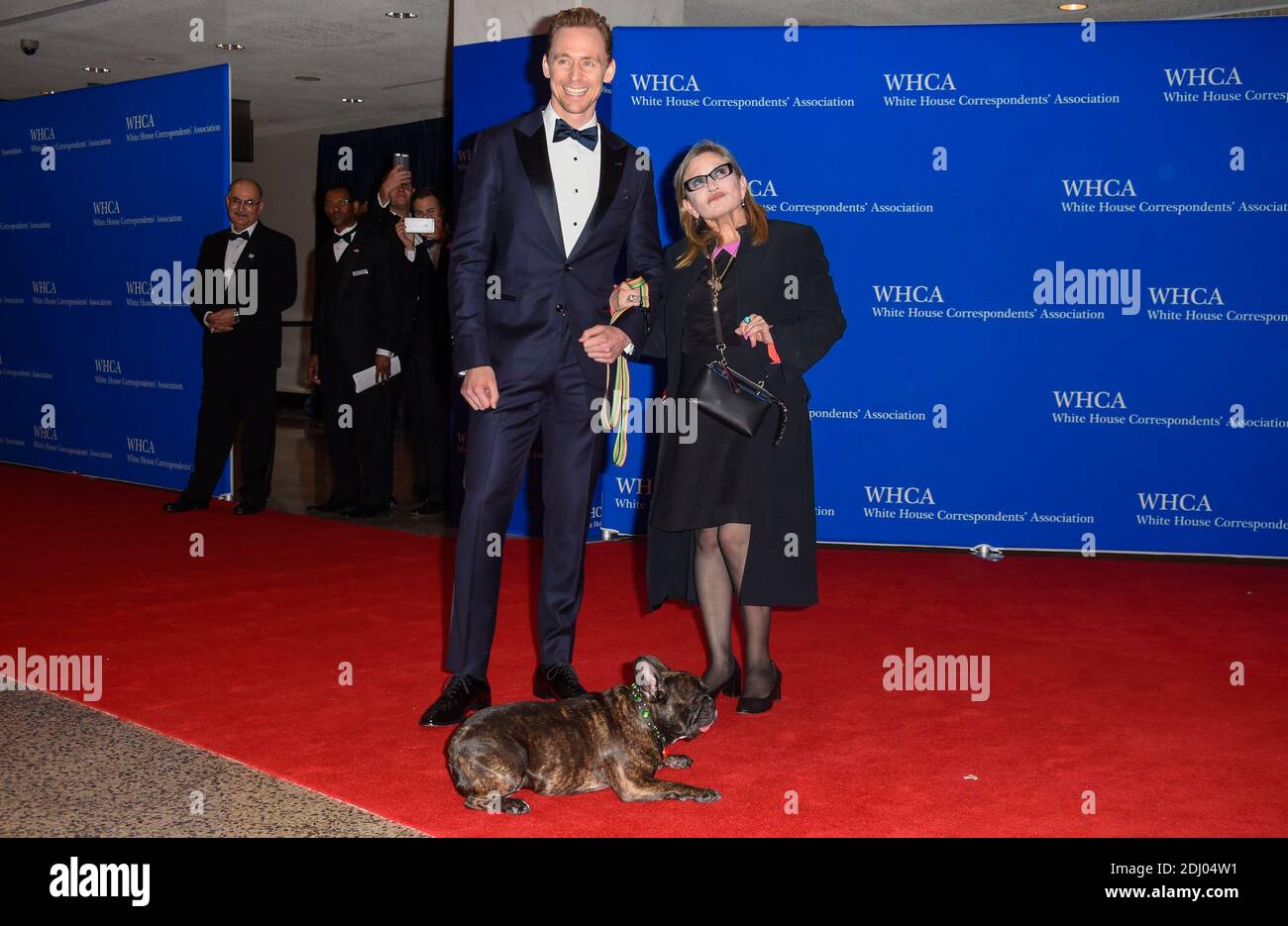 Actors Tom Hiddleston (L) and Carrie Fisher with her dog Gary arrive at the  White House Correspondents' Association (WHCA) annual dinner in Washington,  DC,USA, on April 30, 2016. Photo by Riccardo Savi/ABACAPRESS.COM