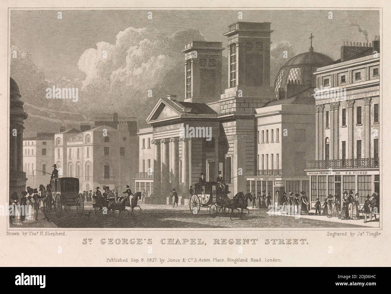 St. George's Chapel, Regent Street, James Tingle, active ca. 1830–1860, after Thomas Hosmer Shepherd, 1792–1864, British, 1827, Engraving Stock Photo