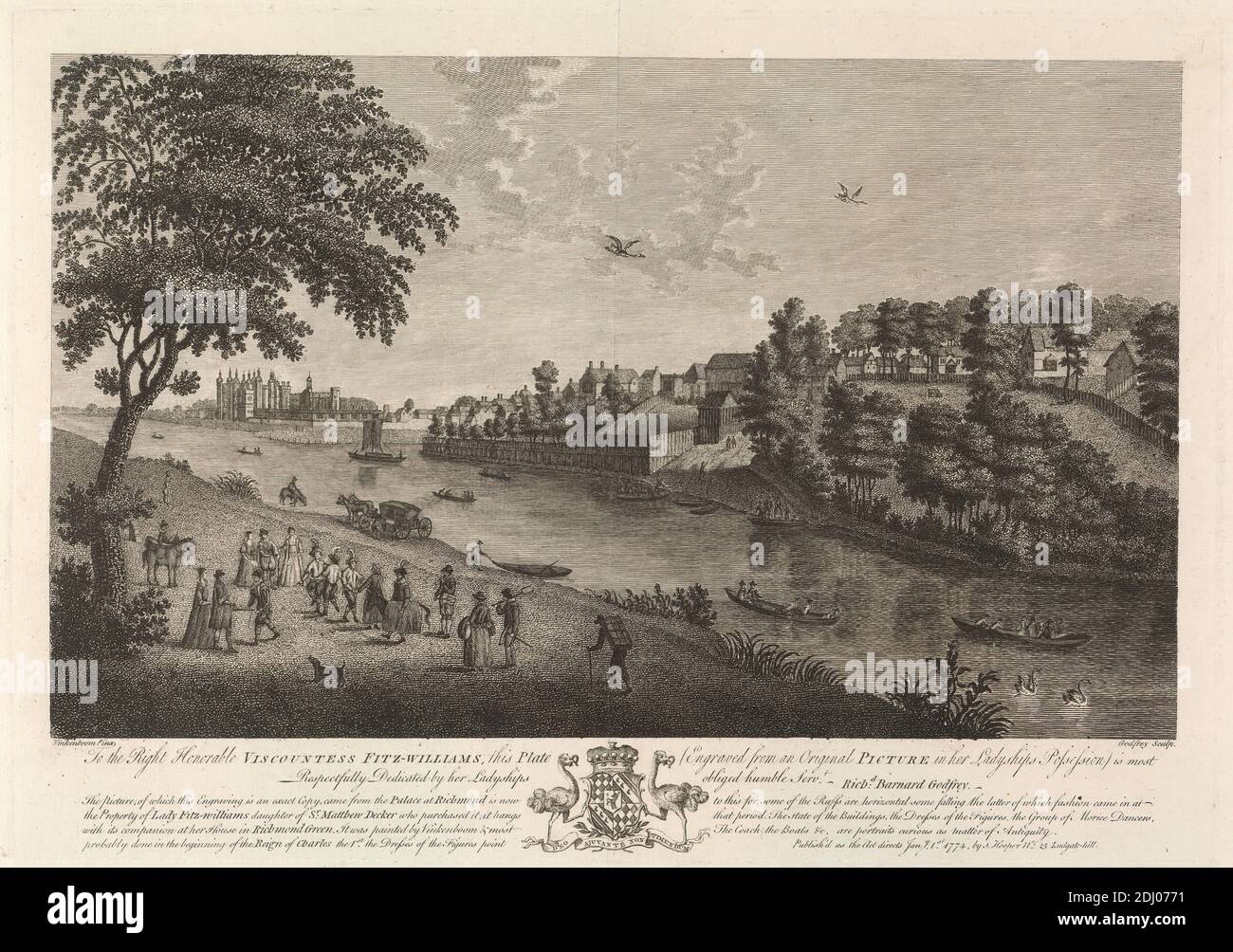 View of Richmond Hill and Palace, Richard Bernard Godfrey, 1728–op.1794, British, after David Vinckboons, 1576–c.1632, Flemish, 1774, Engraving Stock Photo