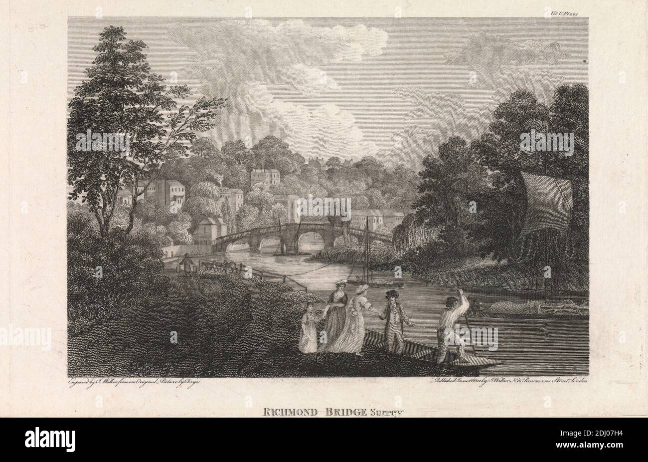 Richmond Bridge, Surrey, James Walker, 1748–1808, British, after Edward Dayes, 1763–1804, British, 1801, Engraving Stock Photo