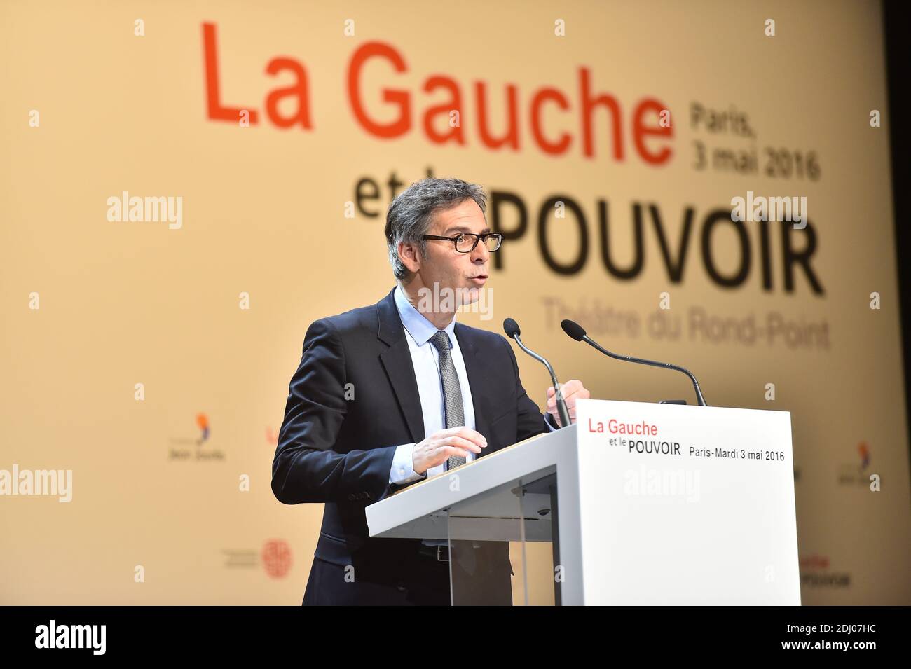 Jean-Jaures Foundation director-general Gilles Finchelstein delivers his speech during a Colloquium entitled 'The Left and the Power' jointly organized by the Jean Jaures Foundation, French think tank Terra Nova and the Foundation for European Progressive Studies (FEPS), at Theatre du Rond-Point in Paris, France on May 3, 2016. Photo by Christian Liewig/ABACAPRESS.COM Stock Photo
