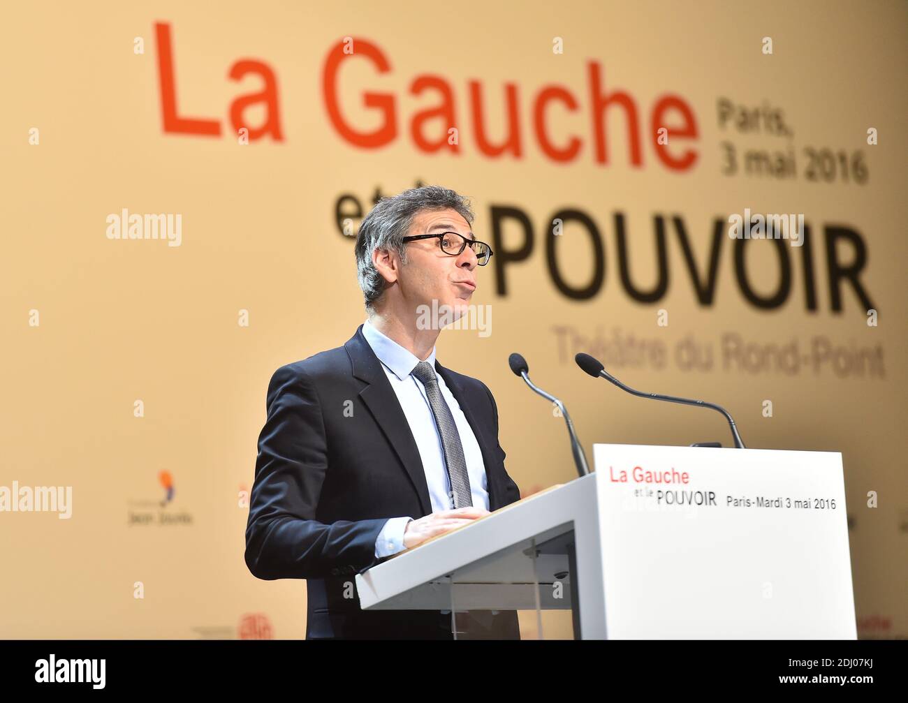 Jean-Jaures Foundation director-general Gilles Finchelstein delivers his speech during a Colloquium entitled 'The Left and the Power' jointly organized by the Jean Jaures Foundation, French think tank Terra Nova and the Foundation for European Progressive Studies (FEPS), at Theatre du Rond-Point in Paris, France on May 3, 2016. Photo by Christian Liewig/ABACAPRESS.COM Stock Photo