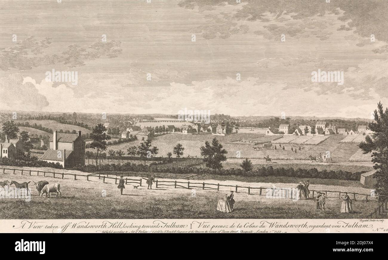 A View taken off Wandsworth Hill, looking towards Fulham, John Boydell, 1720–1804, British, after John Boydell, 1720–1804, British, 1753, Engraving Stock Photo