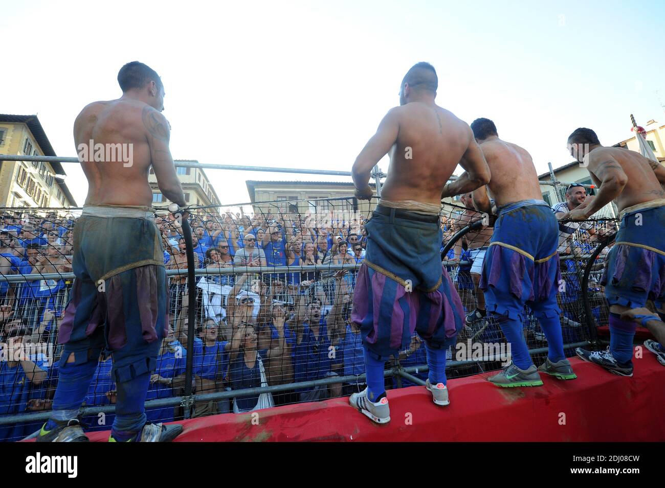 In Florence, Italy with the last gladiatorsthe players of Calcio Storico,  the ancestor of football on June 2013. Pictured : Victory of the blues .  Since the Middle Ages, every year in
