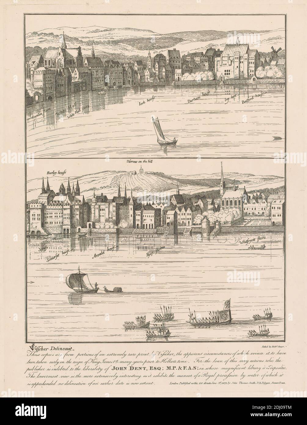 Copy of an Early Print by Visscher showing the River Front from the Savoy to Whitefriars' Stairs; and Whitehall to Bedford House, Richard Sawyer, active 1820–1830, after Claus Jansz Visscher, 1586–1652, Dutch, 1809, Etching Stock Photo