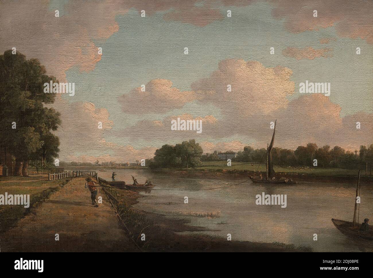 View on the River Thames at Richmond, William Marlow, 1740–1813, British, ca. 1776, Oil on canvas, Support (PTG): 13 1/4 x 19 1/4 inches (33.7 x 48.9 cm), costume, dock, fences, field, landscape, man, park (grounds), path, pulling, river, rope, sailboats, sheep, England, Greater London, North Yorkshire, Richmond, Thames, United Kingdom, Yorkshire Stock Photo