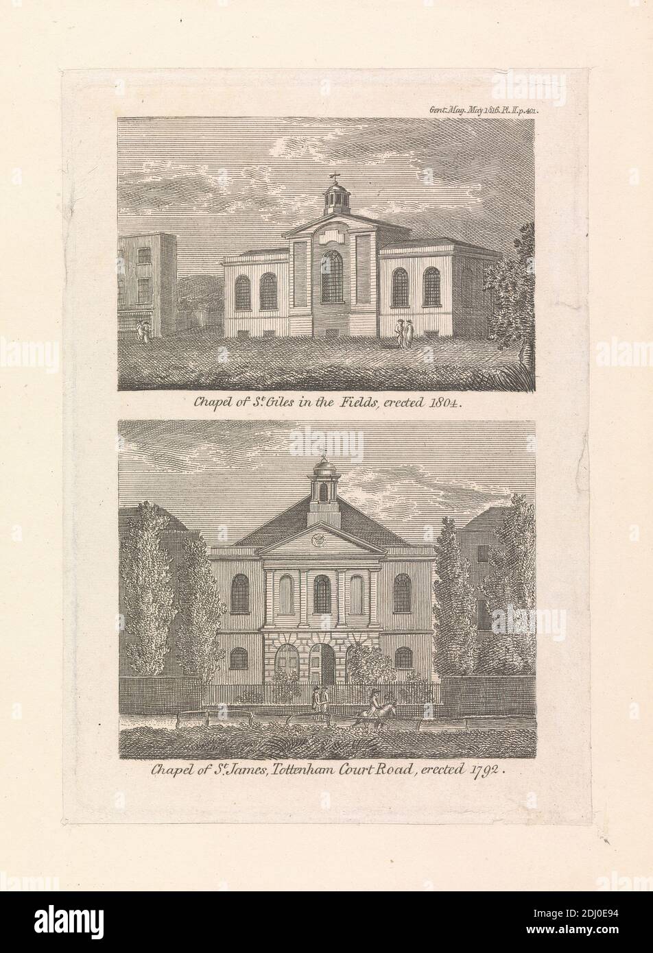 Chapel of St. Giles in the Fields, Church of St. James, Tottenham Court Road, unknown artist, nineteenth century, after unknown artist, 1816, Engraving Stock Photo