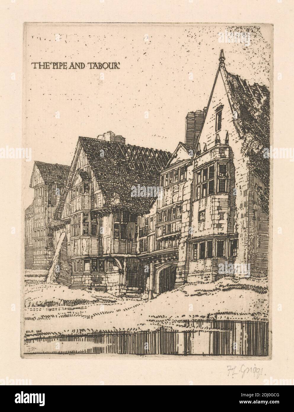 The Pipe and Tabour, Frederick Landseer Maur Griggs, 1876–1938, British, 1916, Etching, arch, architectural subject, bay windows, buttress, chimneys, derelict buildings, eaves, finials, gables, grasses, inn, opening (architectural element), pool, rafters, reflections, roofs, shadows, shingles, stonework, vines, windows Stock Photo