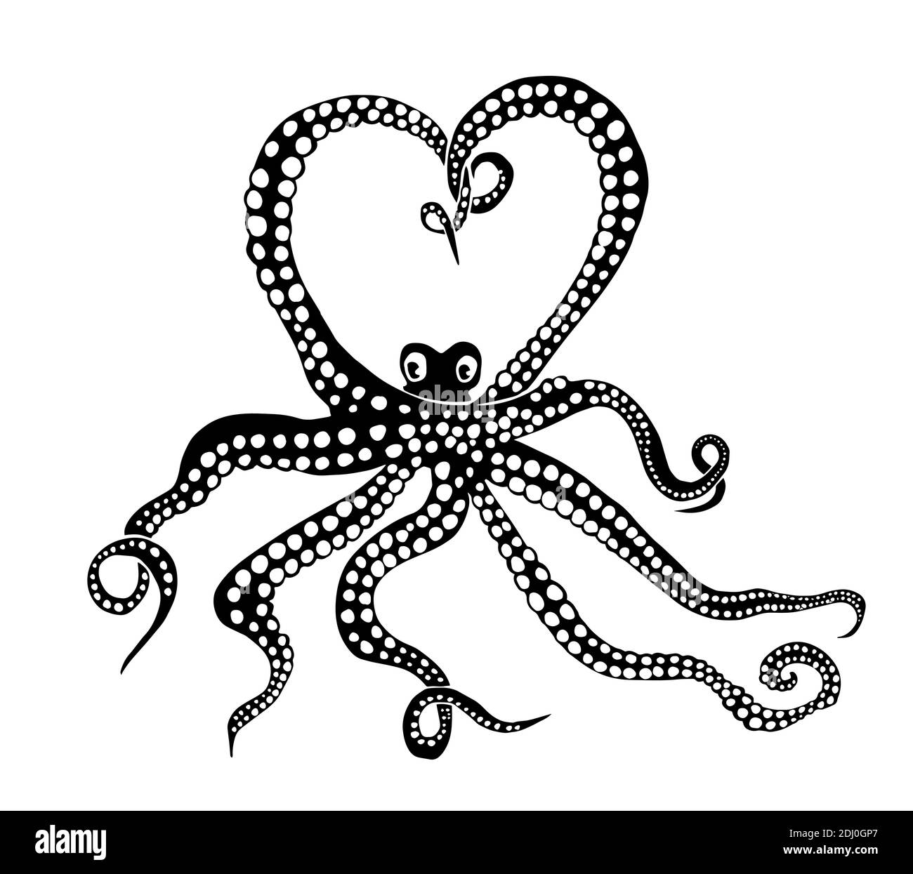 Octopus monochrome. Octopus graphic. Love. Happy Valentine's Day. The octopus makes a heart out of its tentacles . Vector illustration Stock Vector