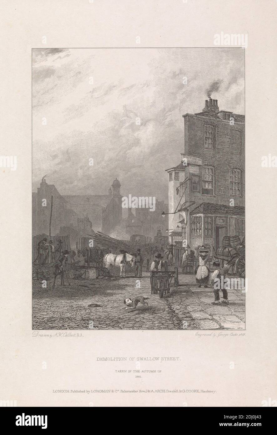 Demolition of Swallow Street, George Cooke, 1781–1834, British, after Sir Augustus Wall Callcott, 1779–1844, British, 1827, Engraving Stock Photo