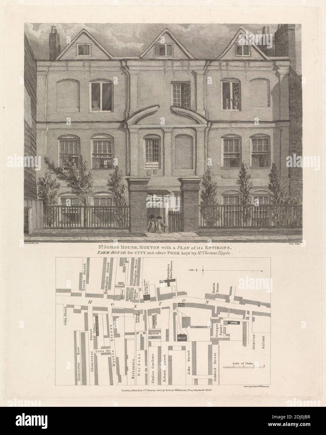 St. John's House, Hoxton with a Plan of its Environs, unknown artist, ( Dale ), after Jacob C. Schnebbelie, 1760–1792, British, 1823, Engraving Stock Photo