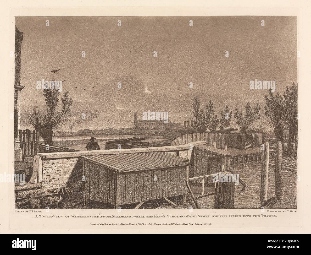 A South View of Westminster from Millbank, Thomas Hall, active early 19th century, after John Thomas Smith, 1766–1833, British, 1808, Aquatint Stock Photo