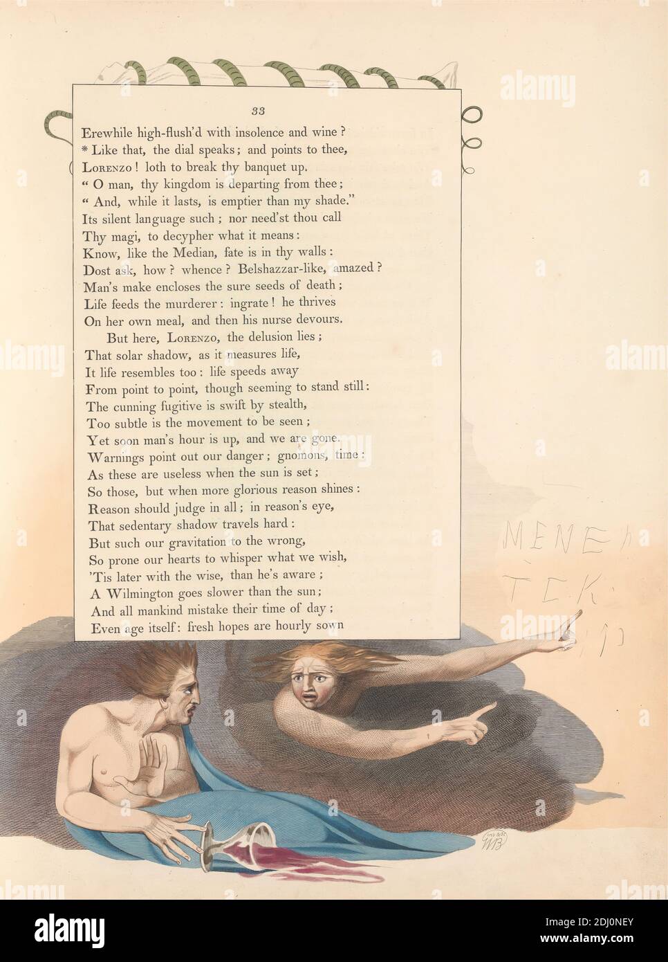 Young's Night Thoughts, Page 33, 'Like That, the Dial Speaks; and Points to Thee', Print made by William Blake, 1757–1827, British, 1797, Etching and line engraving with watercolor on moderately thick, slightly textured, cream wove paper, Spine: 17 1/2 inches (44.5 cm), Sheet: 16 1/2 x 12 7/8 inches (41.9 x 32.7 cm), and Plate: 16 x 12 5/8 inches (40.6 x 32.1 cm), bed, cup, dead, death, food, goblet, literary theme, man, men, pointing, religious and mythological subject, serpent, snake, wine, wine-glasses, woman Stock Photo