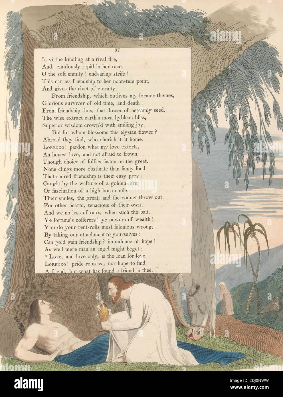 Young's Night Thoughts, Page 37, 'Love, and Love Only, Is the Loan for Love', Print made by William Blake, 1757–1827, British, 1797, Etching and line engraving with watercolor on moderately thick, slightly textured, cream wove paper, Spine: 17 1/2 inches (44.5 cm), Sheet: 16 3/4 x 12 7/8 inches (42.5 x 32.7 cm), and Plate: 16 1/8 x 12 3/4 inches (41 x 32.4 cm), beard, chalice, cup, food, goblet, grass, horse (animal), leaf, literary theme, men, mountains, palm trees, religious and mythological subject, serpent, text, trees Stock Photo