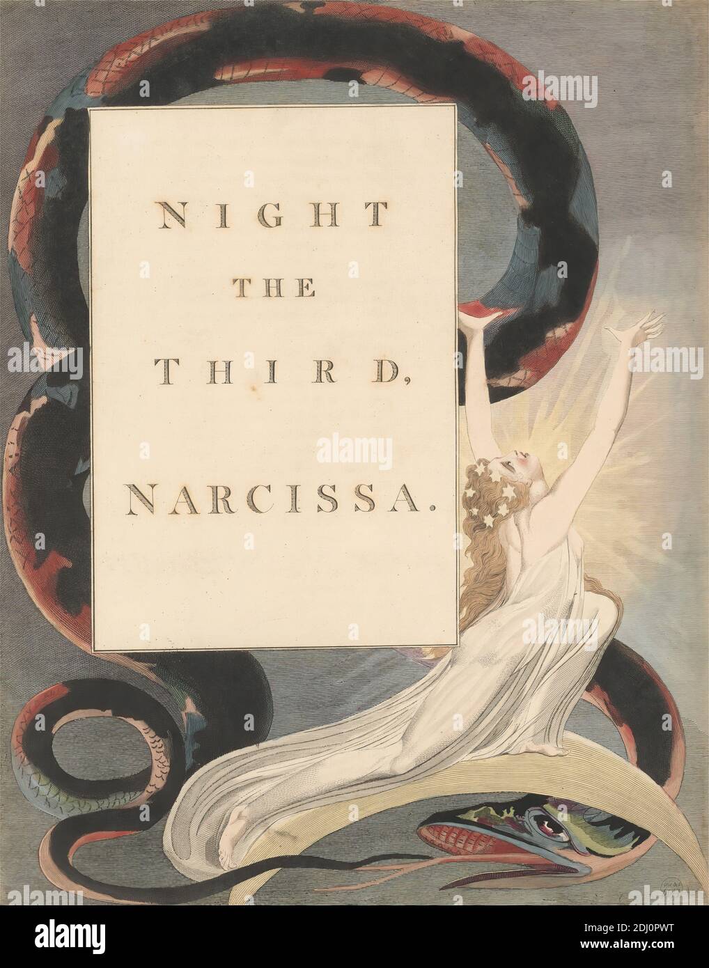 Young's Night Thoughts, Page 43, 'Night the Third, Narcissa.', Print made by William Blake, 1757–1827, British, 1797, Etching and line engraving with watercolor on moderately thick, slightly textured, cream wove paper, Spine: 17 1/2 inches (44.5 cm), Sheet: 16 1/2 x 12 7/8 inches (41.9 x 32.7 cm), and Plate: 16 1/4 x 12 7/8 inches (41.3 x 32.7 cm), gown, literary theme, religious and mythological subject, serpent, snake, stars, text, women Stock Photo