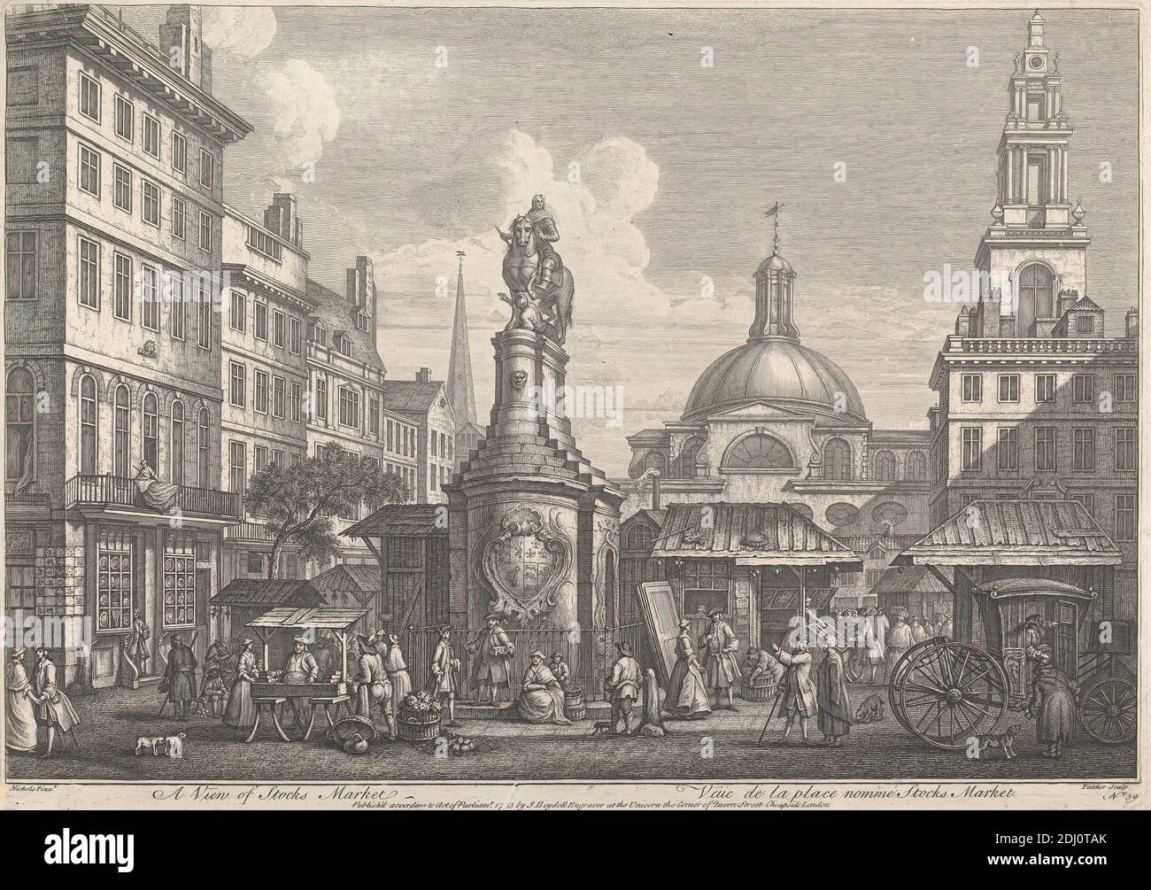 A View of Stocks Market, Henry Fletcher, 1729–active 1750, after Joseph Nickolls, active 1713–ca. 1755, British, 1763, Engraving, Sheet: 12 5/8 x 17 15/16in. (32.1 x 45.6cm Stock Photo