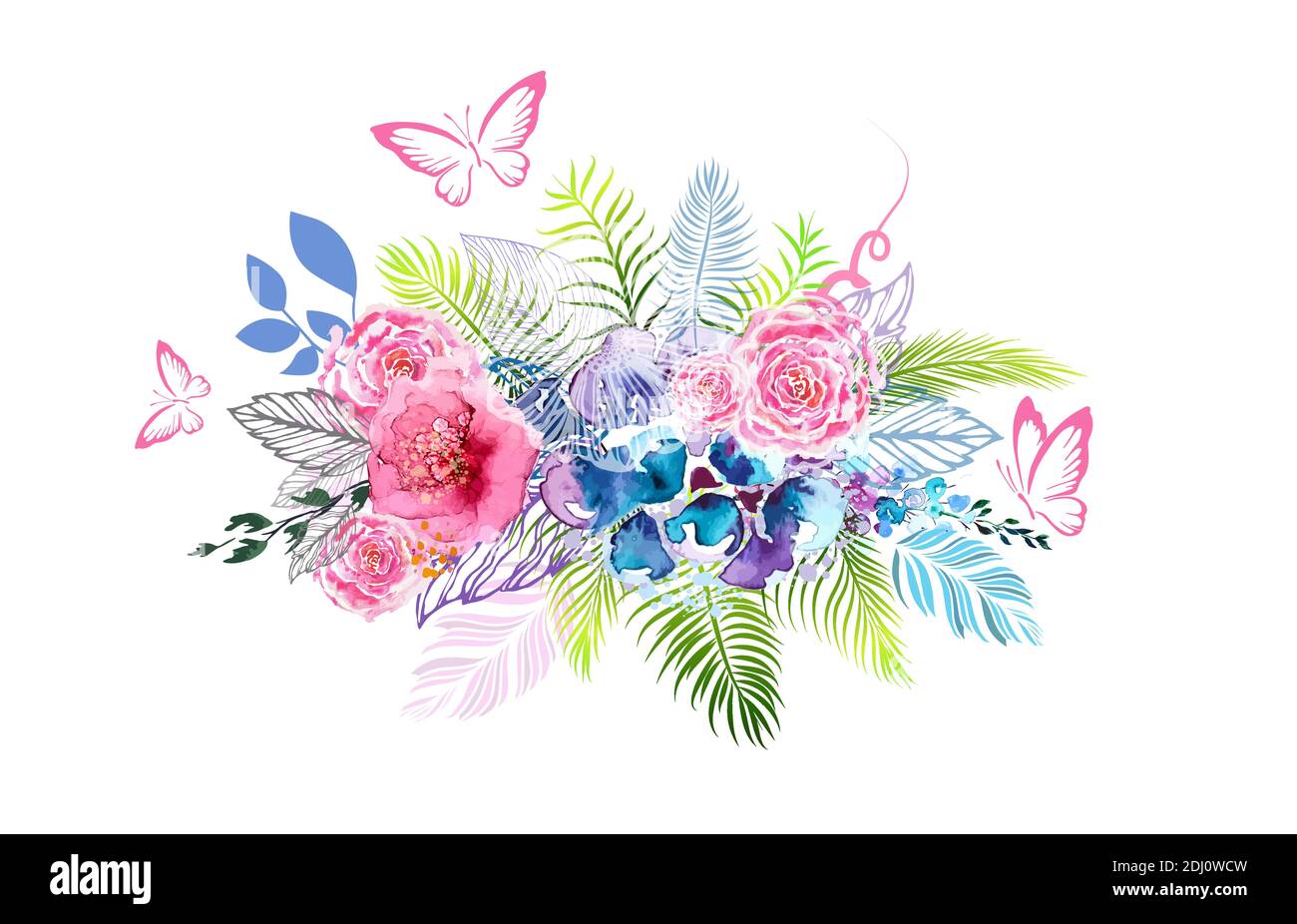 Floral abstraction from watercolor different colors with butterflies. T-shirt print. Vector illustration. Stock Vector