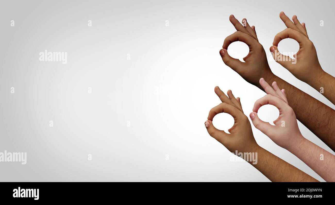 Global communication and creative team inspiration talking together as a diverse group of people together joining hands into the shape of a speech. Stock Photo