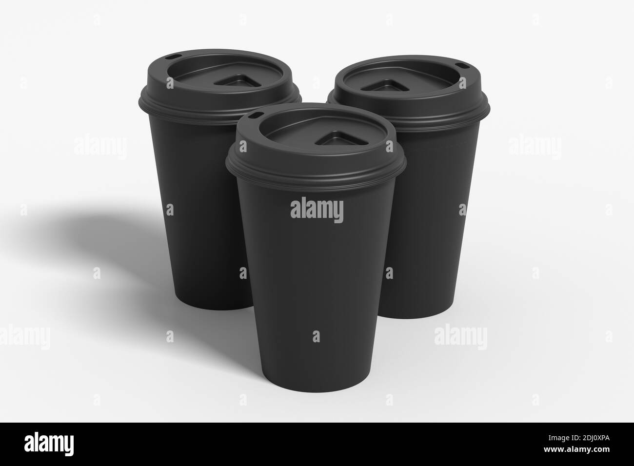 Three black take away coffee paper cups mock up with black lids on